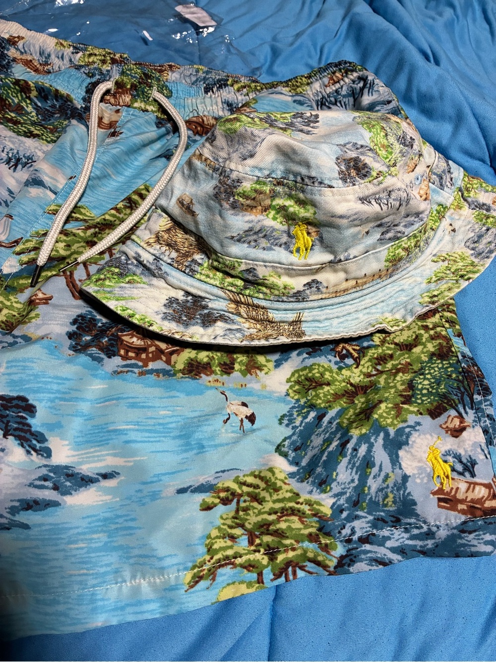 Polo by Ralph Lauren Light Blue Tropical Print Bucket Hat & Swim Shorts Set